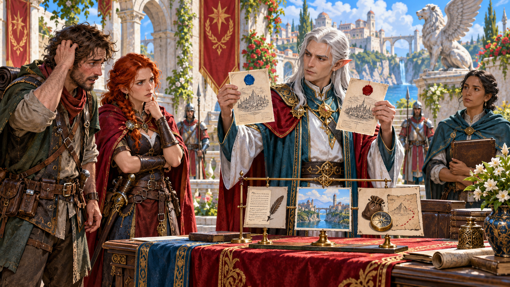 Fantasy illustration of companions comparing mismatched permits with known evidence in a courtyard