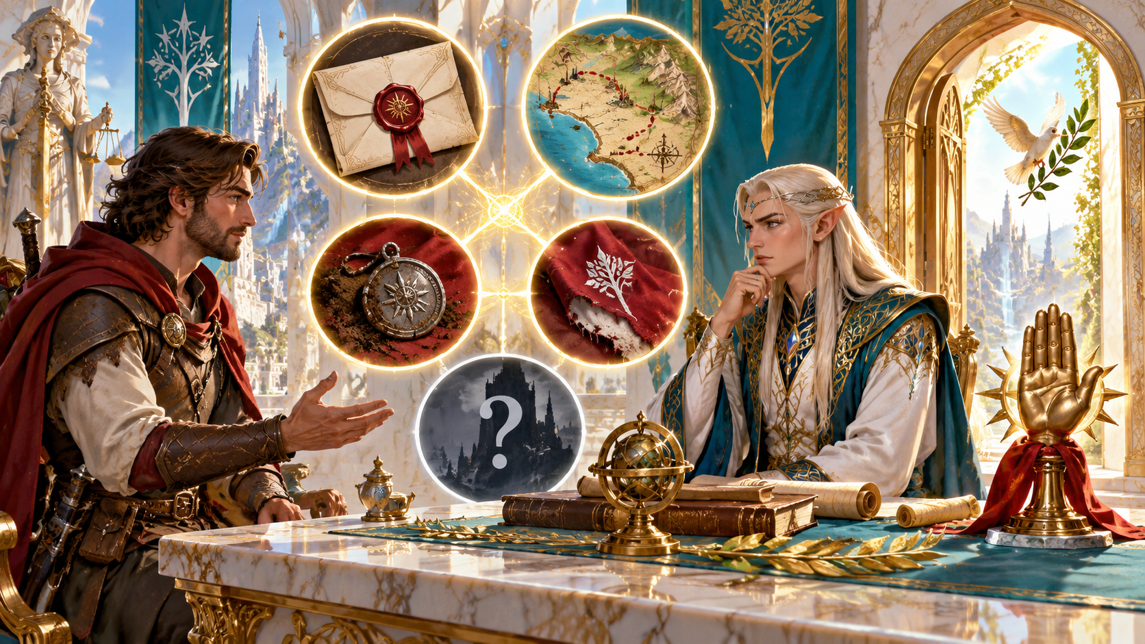 Fantasy illustration of a conversation about connected evidence, uncertain facts and a stopping point