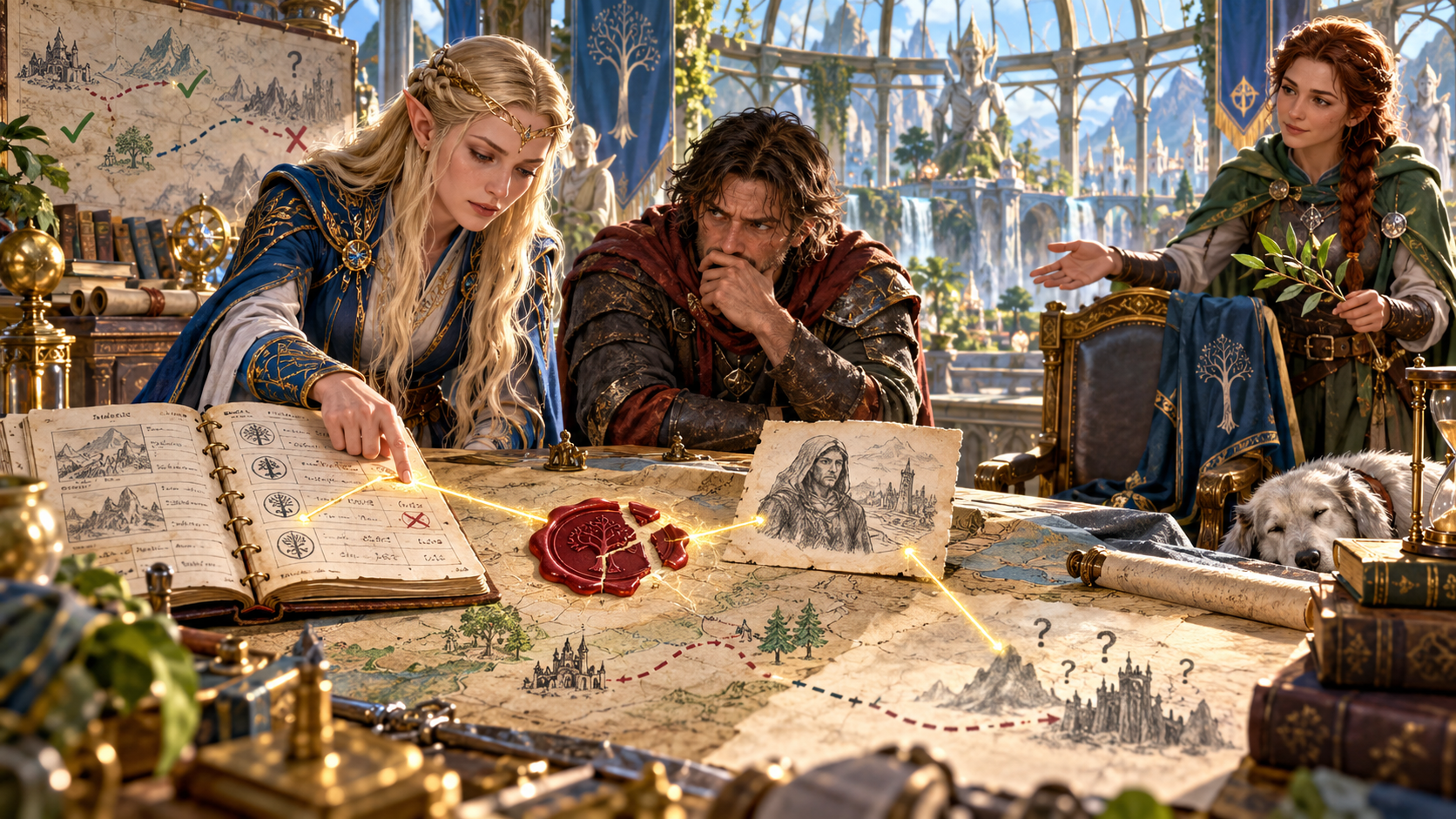 Fantasy illustration of companions connecting records and a map to understand a discovery